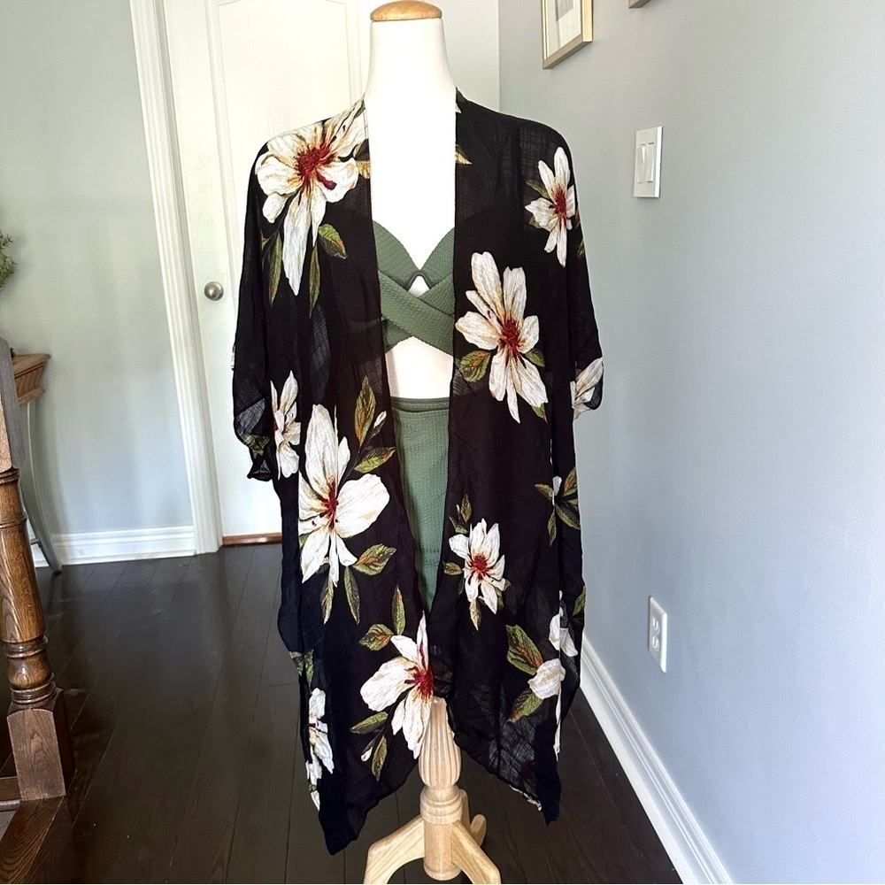 Modena Black Floral Poncho style Beach Coverup